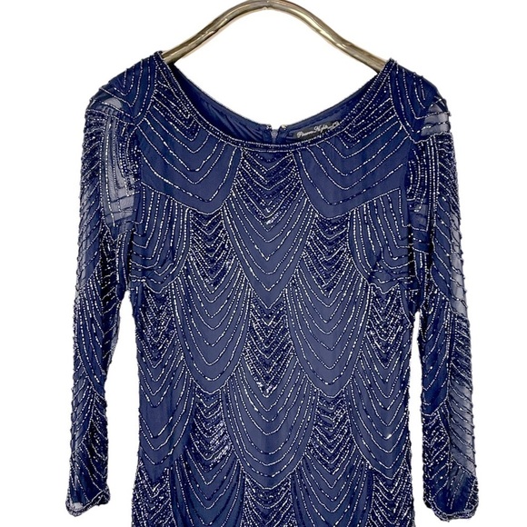 PISARRO NIGHTS BLUE ART DECO SCALLOP BEADED SHEER SLEEVE COCKTAIL SHEATH DRESS - Picture 7 of 16